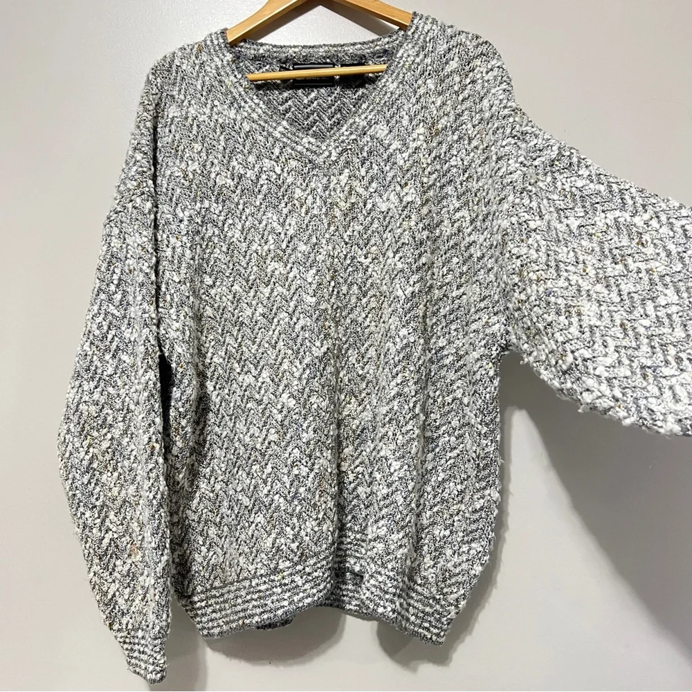 Leo Chevalier Oversized Chevron Knit V-Neck Sweater Grey White Marl Pullover 2XL - Picture 9 of 12